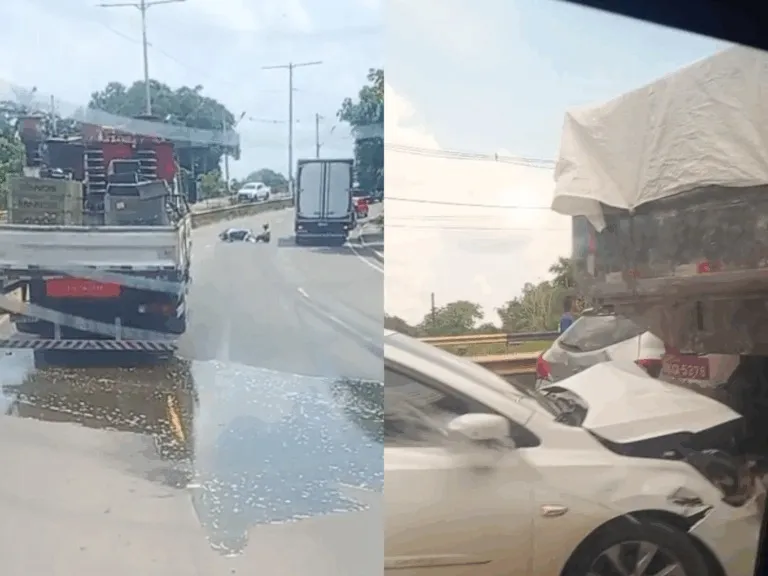 Sequência de colisões causada por óleo na pista congestiona via no Tarumã